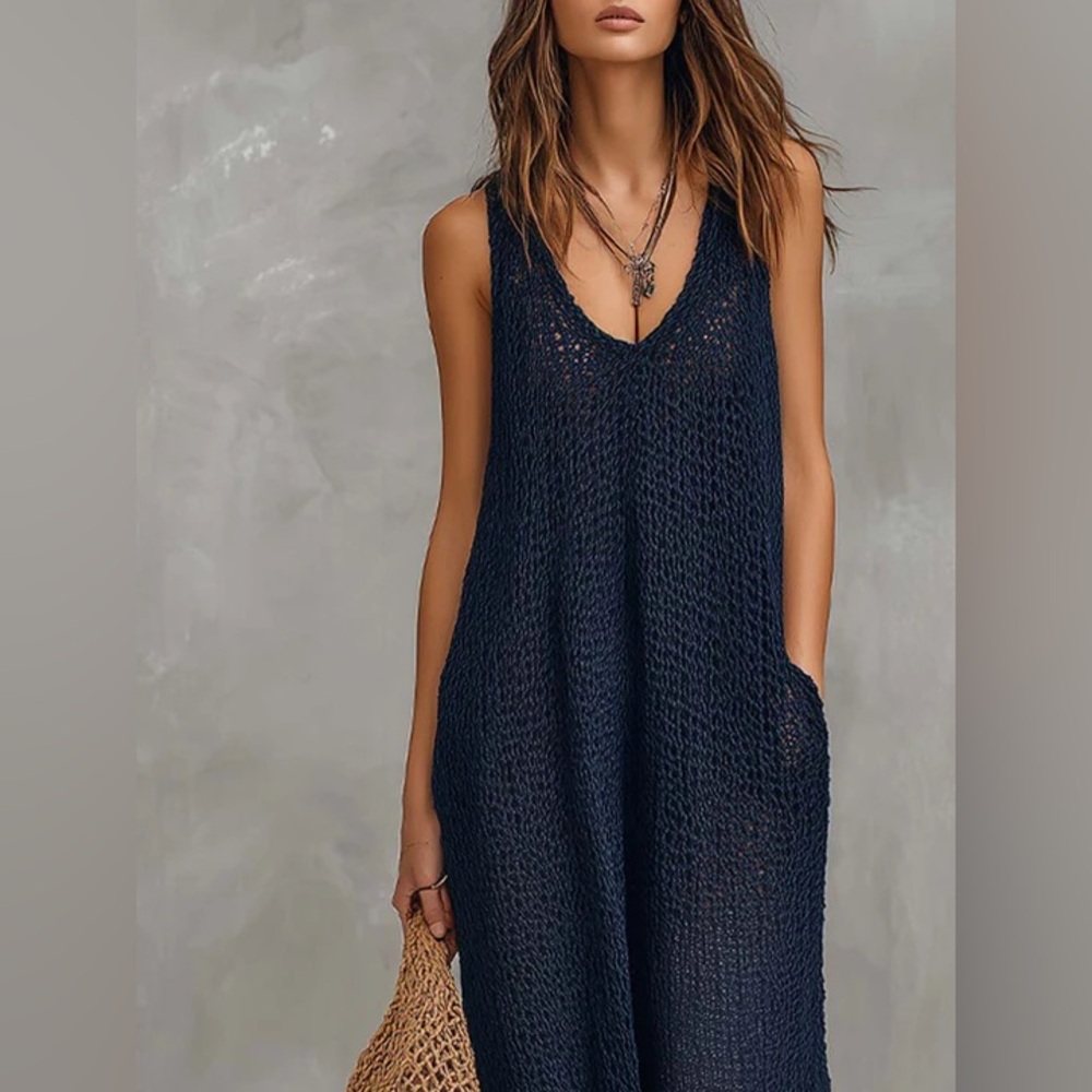 Chic Navy Knit Jumpsuit/Cover-Up - Picture 2 of 9